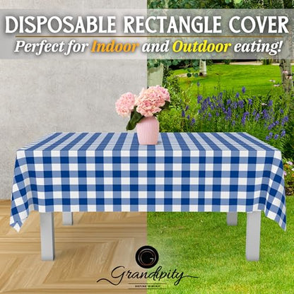 Grandipity Plastic Table Cloth Disposable 12 Pack 54” x 108” Rectangle | Blue Gingham Plastic table covers, durable disposable tablecloths, fade and tear-resistent table cover for party, event - color: Blue Gingham Checkered, size: 54in. x 108in. Rectangl