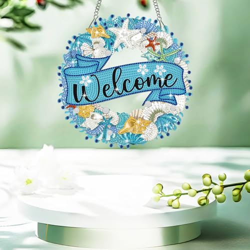 Muzagroo Art Welcome Sign Diamond Art Kits for Adults, 5D Diamond Hanging Ornament Kits for Front Door, DIY Special Shaped Diamond Dot Kits, Home Porch Crystal Hanging Pendant Ornament (Welcome) - color: Welcome