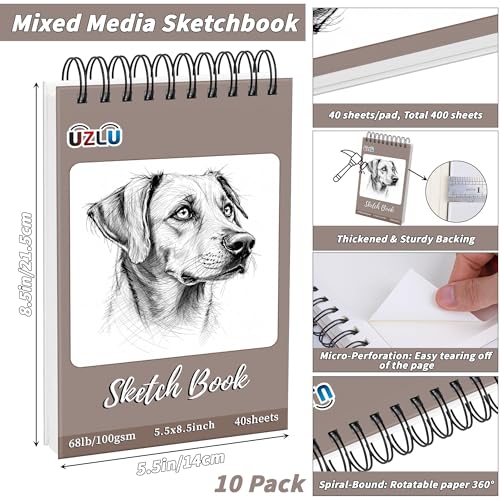10 Pcs Sketch Books Bulk 5.5 x 8.5 in 400 Sheets Top Spiral Bound Sketch Pad Drawing Paper 40 Sheets Each Acid Free Mixed Media Sketchbook 68lb/100gsm Art Supplies for Beginner Artist - size: 5.5x8.5in