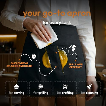 White Classic 3 Pack - Black Server Waist Aprons with 3 Pockets, Waitress Half Apron - color: Black Waist Apron - 3 Pack