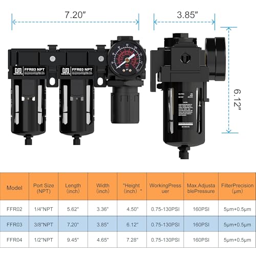 NEWPO 3/8'' NPT Air Drying System, Double Brass Filter Compressed Air Regulator, Air Pressure Regulator Combo 5&5 Micron Filter Cartridge,Semi-Auto Drain - size: 5&5 brass-3/8" NPT