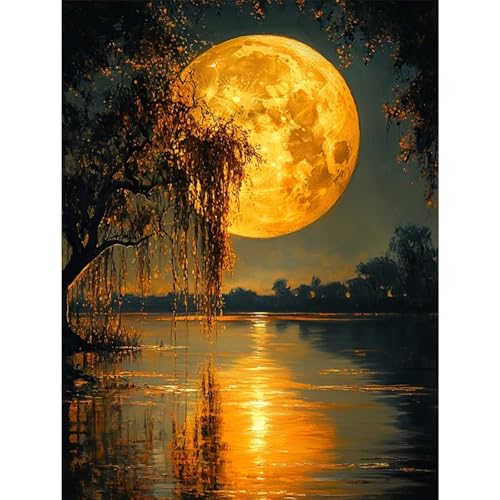 Moonlight Lakeside Diamond Art,A Romantic and Serene Golden Full Moon Diamond Art Kits for Adults Beginner,Gift for Mother 5D DIY Full Drill Diamond Painting Gem Art, Home Wall art (12x16 inch) - color: DP03656