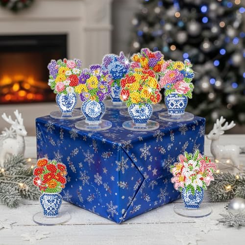 Kosiz 9 Pcs Chinoiserie Flower Diamond Painting Tabletop Decoration, Double Sided Acrylic Porcelain Diamond Art Kit for Adult, DIY 5D Rhinestone Blue White Flower Centerpiece for Table Home Desk Decor - style: Chinoiserie