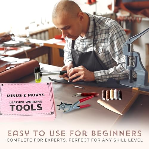 MINUS MUKYS Leather Working Kit Complete Leather Tools Set for Crafts Shoe Repair Kit Belts Includes Hole Puncher for Crafts Sewing Tools Awl Stitching Tool Cutting Mat Ideal for Beginners