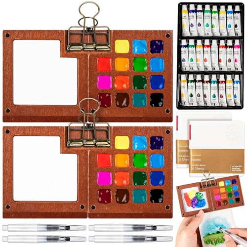 Mini Watercolor Travel Set, Mini Watercolor Paint Set with 2 Wooden 15-Grid Palette, 24 Colors Paint, 2 Sketch Books and 4 Brushes, Copper Clip and Sketchbook for Travel Painting - style: 24Colors & 30Grid Palette