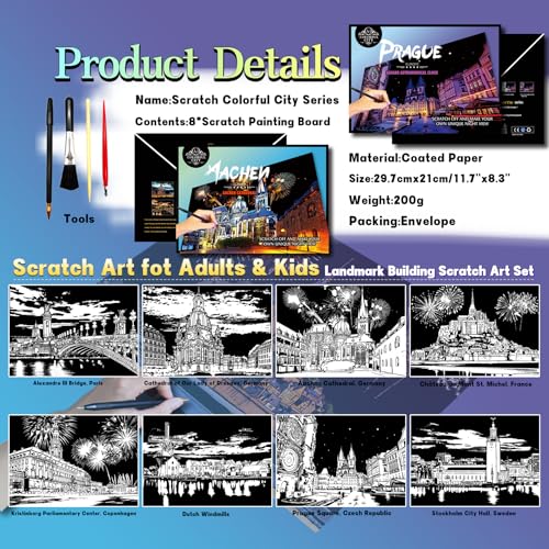 DESINIK Scratch Painting Art Paper - Scratch Art for Adults: Premium DIY Craft Kit with Tools - Creative Adult Crafts for Home Decor & Stress Relief（Europe Series I） A4 - color: Europe Series 1