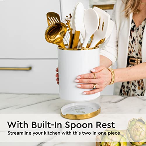 STYLED SETTINGS White Utensil Holder with Built-In Ceramic Spoon Rest | 2-Piece White and Gold Spatula Holder, Kitchen Accessory, Utensils Not Included, White & Gold - color: White & Gold