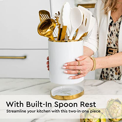 STYLED SETTINGS White Utensil Holder with Built-In Ceramic Spoon Rest | 2-Piece White and Gold Spatula Holder, Kitchen Accessory, Utensils Not Included, White & Gold - color: White & Gold