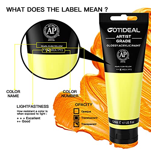 GOTIDEAL Metallic Acrylic Paint Pearl Clon Yellow Tubes(120ml, 4.1 oz) | Non Toxic, Non Fading, Rich Pigments,for Painters, Adults & Kids,Ideal for Canvas Wood Clay Fabric Ceramic Craft Supplies - color: Pearl Clon Yellow, style: Metallic