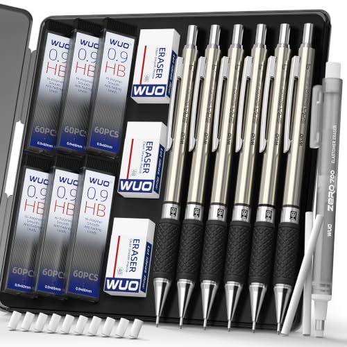 WUO 0.9 mm Mechanical Pencil Set with Eraser Pen Storage Case, 6 PCS | Metal Drafting Pencils, 360 HB Lead Refills, 3x4B Erasers, 12 Eraser Refills for School Artist Writing Drawing Sketching - color: Black 6 - 0.9mm (6 Pack)