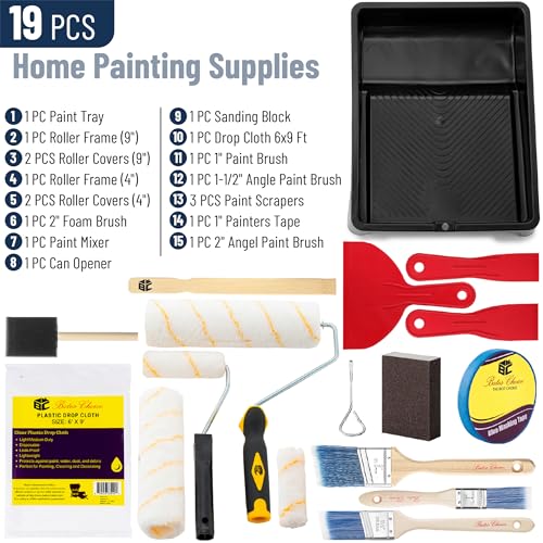 Bates- Paint Roller Kit, 19 pcs, Roller Set with Microfiber Sleeves & Frame | for Walls, Cabinets, Interior and Exterior Painting - style: Microfiber 9", 4", 19 pcs