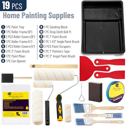 Bates- Paint Roller Kit, 19 pcs, Roller Set with Microfiber Sleeves & Frame | for Walls, Cabinets, Interior and Exterior Painting - style: Microfiber 9", 4", 19 pcs