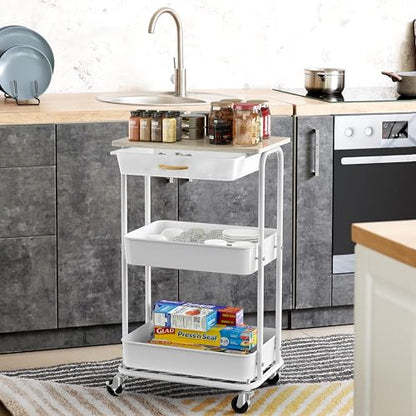 Simple Houseware 3-Tier Rolling Utility Cart with Drawer & Wood Top, Maple - color: Maple