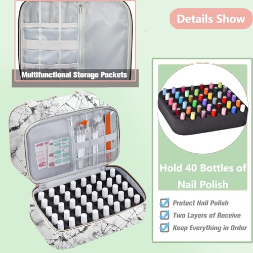 FCQQYWZ Nail Polish Organizer Hold 40+ Bottles Nail Polish & Nail Lamp, Nail Polish Storage Case Double-Layer Nail Polish Bag Nail Polish Holder with Sturdy Handle (WHITE) - color: White-40Bottles