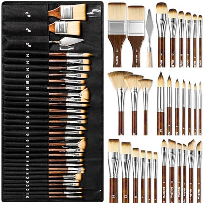 Nicpro 30pcs Paint Brush Set for Acrylic Painting, Oil, Watercolor, Gouache | Professional 9 Shapes No Shedding Synthetic Bristles with Palette Knife & Canvas Roll, Art Supplies for Artists and Beginners - color: Wood
