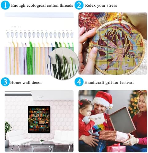 MjhRcll Stamped Cross Stitch Kits,Bookshelf Embroidery Starter Kit for Adult Beginners,Books Cross Stitch Kits for Adults 12×16 Inch - color: X1925