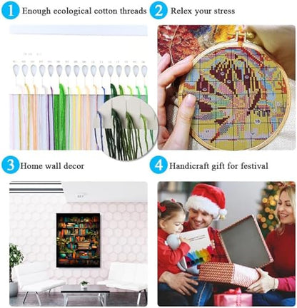 MjhRcll Stamped Cross Stitch Kits,Bookshelf Embroidery Starter Kit for Adult Beginners,Books Cross Stitch Kits for Adults 12×16 Inch - color: X1925