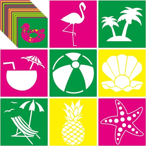 Henoyso 24 Pcs Summer Aloha Stencil for Kids 8 Inch Reusable Templates | Plastic, Drawing Painting Templates, Flamingo, Tree, Hawaii, Pink, Green, Toddlers, Wood Paper Scrapbook, DIY Art Crafts - style: Flamingo Style