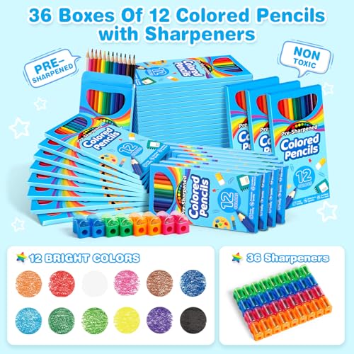 Jyusmile 432 Count Colored Pencils, Bulk 36 Boxes with 36 Sharpeners
