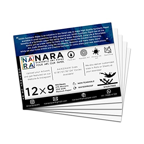 NARA Alcohol Ink Paper | White | 12 inches x 9 inches (12”x9”) | 275 microns/200 GSM | 100 Sheets| Medium Paper | Paper for Alcohol Ink Art Painting | 100% Stain-Free - color: White_Rectangle_Paper Sheets_07
