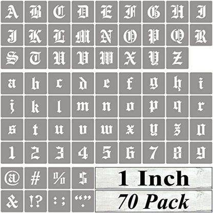 1 Inch Alphabet Letter Stencils for Painting - 70 Pack Old English Letter Stencil Templates with Numbers and Signs for Painting on Wood, Reusable Letters Stencils for Chalkboard Wood Signs & Wall Art - size: 1 Inch
