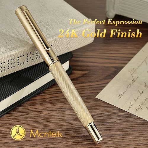 MCNTEIK Gold Rollerball Pen, Stunning Luxury Pen with Mesh Texture Design and 24K Gold Finish, Fancy Gift Set for Men & Women, Business Signature, Executive, Office, Nice Fancy Designer Pens - color: Gold