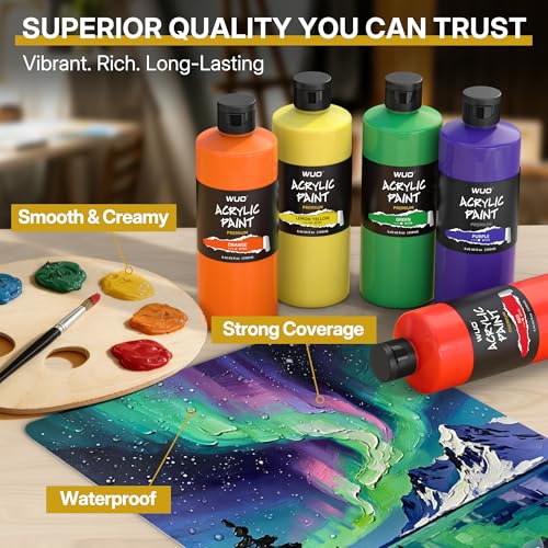 WUO 24 Colors Acrylic Paint Set, 250ml/8.45oz Professional Acrylic Paint | Large Bulk Rich Pigment Non-Toxic Multi-Surface Art Supplies for Artists Beginners Adults on Canvas Wood Rock Ceramic Crafts - color: 24 Colors