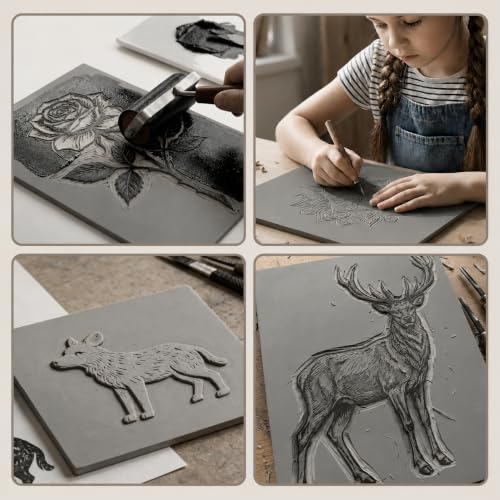 Oopsu 6 Pcs Linoleum Blocks for Printmaking, 8 x 10 Inch Rubber Carving | Soft TPR sheets, 0.12 inch thick; easy to carve for crisp prints, stamp making, card making, DIY crafts and art projects.