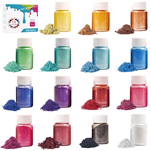 SEISSO Mica Powder, 15 Colors for Resin, Soap Making, Candles and Slime Dye - color: 15 Bottles