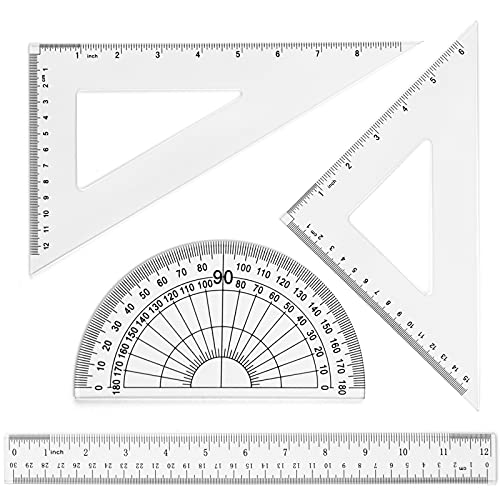 Coopay 12 Inch Math Geometry Tool Plastic Ruler Square Set Includes Straight Ruler, Triangles, Protractor for Student School Office Supplies (Clear) - color: Clear, size: 12 Inch