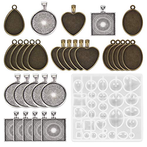 31Pcs Resin Molds Jewelry Making Kit Pendant Trays with Silicone Molds - color: 30Pcs Metal Pendant+1 Pc Silicone Casting Molds