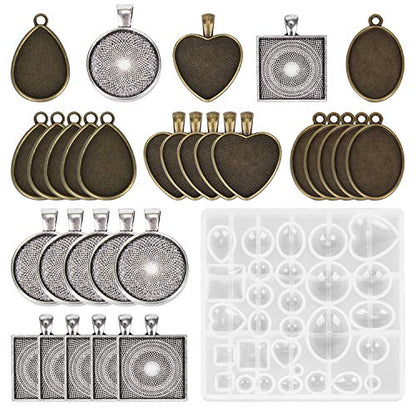 31Pcs Resin Molds Jewelry Making Kit Pendant Trays with Silicone Molds - color: 30Pcs Metal Pendant+1 Pc Silicone Casting Molds