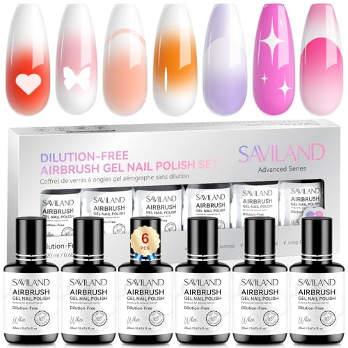 SAVILAND Dilution-Free Airbrush Gel Nail Polish Hema-Free: 20ml 0-Acetone 6PCS White Nail Polish for Airbrush Pure Formula No Clogging Gel Airbrush Paint for Nails Coverage for Ombre Nail Art Salon - color: White