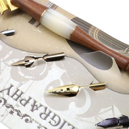 Wood Calligraphy Oblique Dip Pen Holder Set | Removable Nib Pen Handle with 5 Nibs for English Calligraphy Drawing Comic, Brown - color: Brown