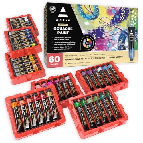 ARTEZA Gouache Paint, Set of 60, 12ml/0.4 US fl oz Gouache Paint Tubes for Professionals and Students