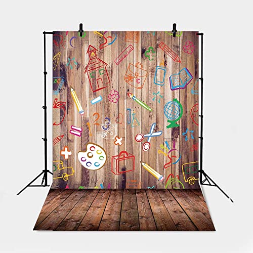 Back to School Backdrop for Photography 6X8FT Hand Painted Pencils House Books on Vintage Retro Wood Floor Background for Kids Party Decorations Photoshoot Studio Props - size: 6X8FT