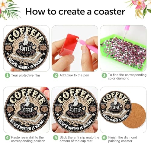 8Pcs Coffee Diamond Art Coasters Kits, Diamond Painting Coasters Kit | Coffee Diamond Art Painting Coasters Kits with Holder,DIY Diamond Art Coaster Kit for Beginners Adults Craft Supplies Gift - color: Inspirational Coffee