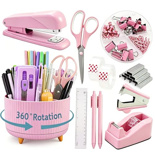 Gawsey Pink Desk Organizers and Accessories with Desk Organizer 360° Rotating Pen Holder and Office Supplies, Cute Stationery Supplies Set - color: Pink