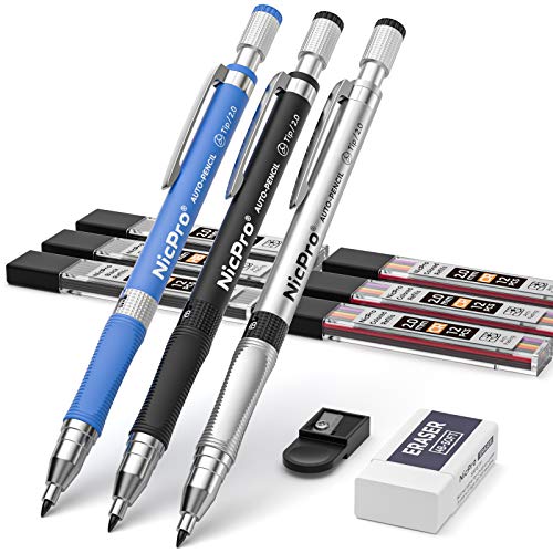 Nicpro 11 Pieces Colors 2mm Mechanical Pencil Set, 3 PCS Carpenter Drafting Pencil 2.0 mm for Art Drawing Writing Sketching Construction with 6 Tube Pre-Sharpen 2B & Color Refill, Eraser, Sharpener - color: Black & Colors