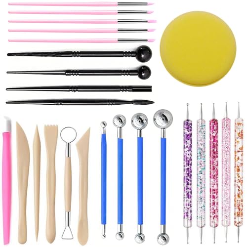 25Pcs Clay Sculpting Tool Set, Polymer Clay Kit with Ball Stylus Pens, Wooden Carving Tools, Dotting Pens & Smoothing Sponge, Multi-Function Craft Tools for Pottery, Ceramic & Nail Art - color: 25Pcs