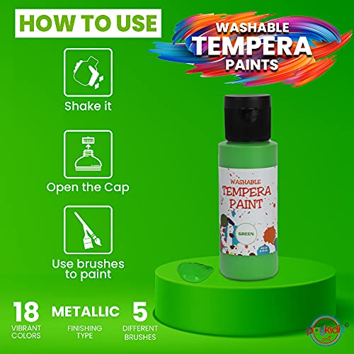 Washable Tempera Paints Set of 18 for children, Kids Non-Toxic Acrylic Paint, Kid Friendly, Kid Safe Paint Set, Includes Variety of Brushes, Color, Craft, Create and Party.