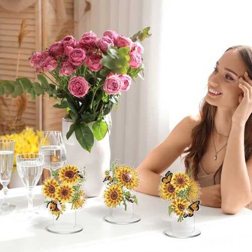 Kosiz 9 Pcs Sunflower Diamond Painting Tabletop Decoration, Double-sided Acrylic Sunflower Diamond Art Kit for Adult, DIY 5d Rhinestone Yellow Flower Centerpiece for Table Home Desk Decor Spring Gifts - style: Sunflower