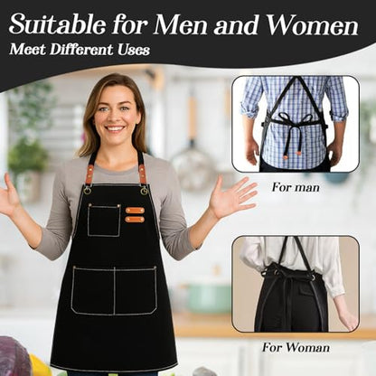 conda Chef Apron, 1 Pack, Cross Back Straps Apron With Pockets for Men Women, 100% Cotton Canvas Adjustable Apron, for Cooking Pottery Baking Painting - color: Black