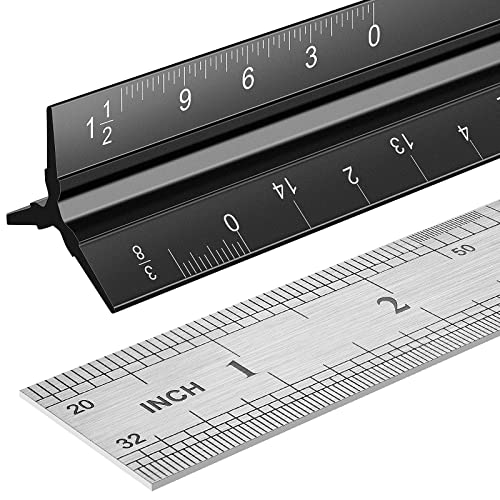 Architectural Scale Ruler Set, 2 Pack 12 Inch Aluminum Architect Ruler with Standard Metal Ruler, Imperial Architect Triangular Ruler with Etching for Architects, Engineers, Students and Draftsman - color: Black Silver