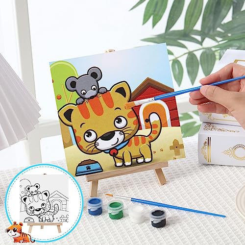 Tenceur 12 Sets Pre Drawn Canvas to Paint Adult Stretched Coloring Painting Canvas Panels with Design Easel and Brushes for Party Supplies Beginner Favor(Cute Style) - style: Cute Style