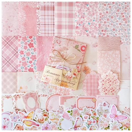 Doraking 100pcs Vintage Floral Scrapbook Paper Journaling Stickers | Material Paper Assorted Sticker Set Memo Junk Journal Supplies for Bullet Journaling Retro Crafts Planner Collage Card Album - color: Pink