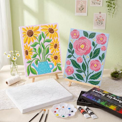 Cholemy 36 Pcs Paint and Sip Kit Gift for Adults 8''x10'',Fresh Flowers | Pre Drawn Canvas, Painting DIY Afro Acrylic Painting Kit, Wood Easel Brushes, Date Night Bulk, Summer Halloween Party - style: Fresh Flowers