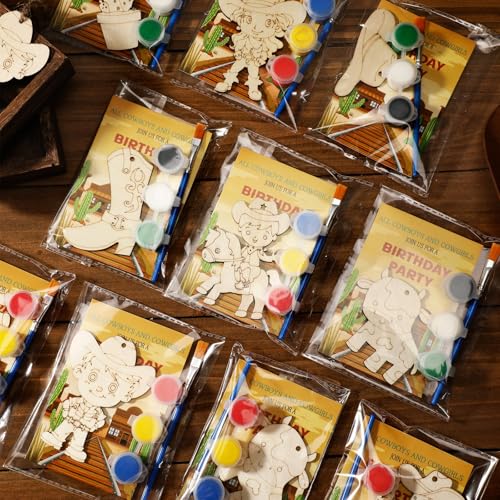 Saypacck 24 Pcs Cowboy Party Favors Wooden Paint Craft Kits | Rodeo Birthday Supplies, Cowgirl Theme Crafts, Western Party Activity, Thank You Gifts, Organza Bags for Goodie Fillers - style: Western Cowboy