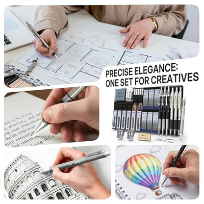 WUO 36PCS Art Mechanical Pencil Set with Storage Case, Metal Drawing Pencil - color: Black+Silver1 - 3 Sizes + 2.0mm
