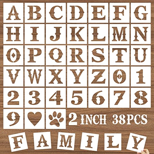 2 Inch Letter Stencils and Numbers, 38 Pcs Alphabet Craft Stencils, Reusable Plastic Drawing Templates for Painting on Wood, Wall, Fabric, Rock, Floor, Signage, Door Porch - size: 2 Inch